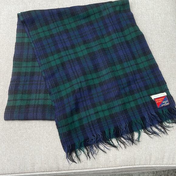 Vintage cashmere wool blend scarf blue green plaid Made in Scotland - Picture 4 of 4